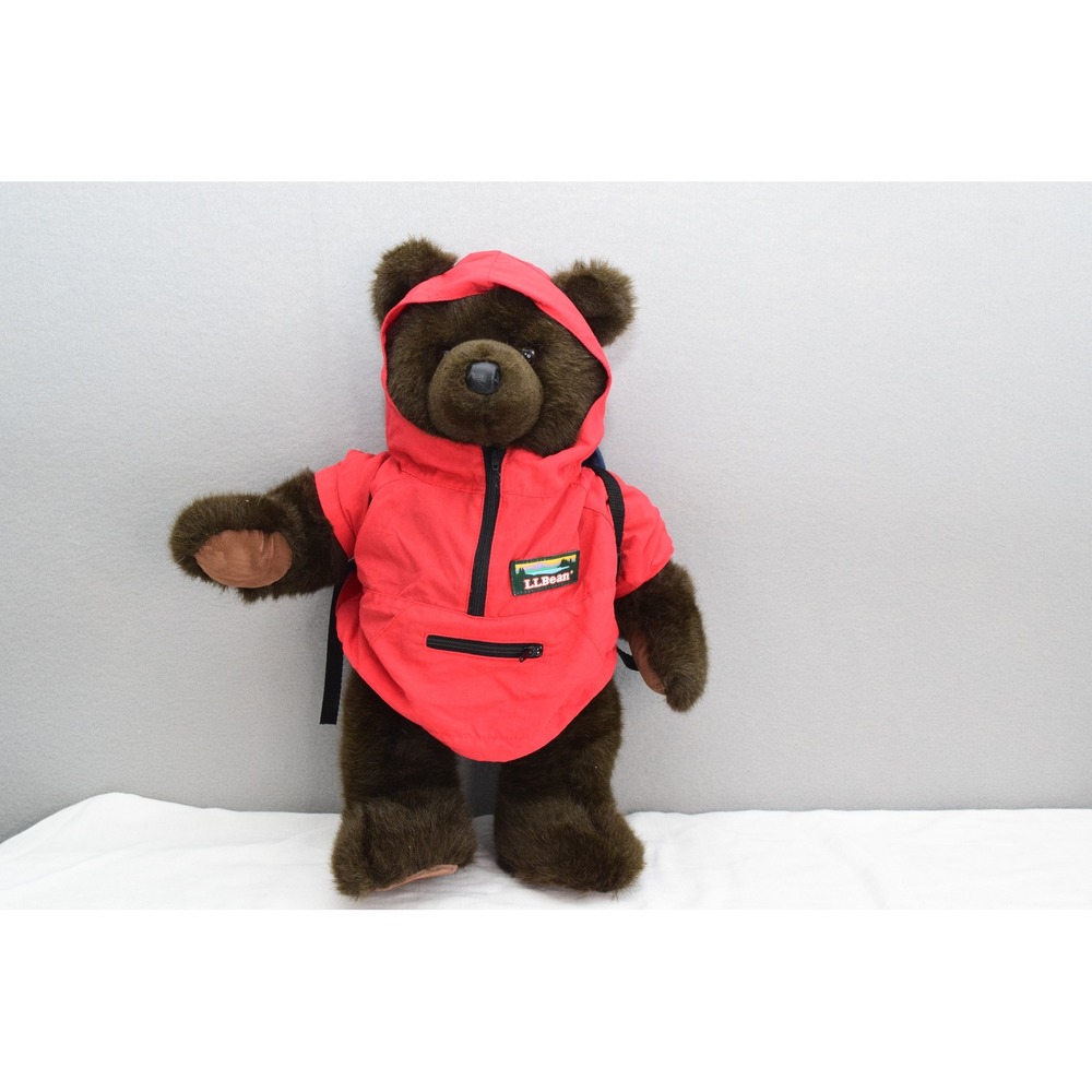 LL Bean Teddy Bear Plush Brown Red Anorak Jacket Backpack Vintage Toy